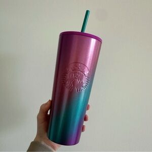 Starbucks Tumbler Cold Cup with purple, pink, and blue — teal straw & purple lid
